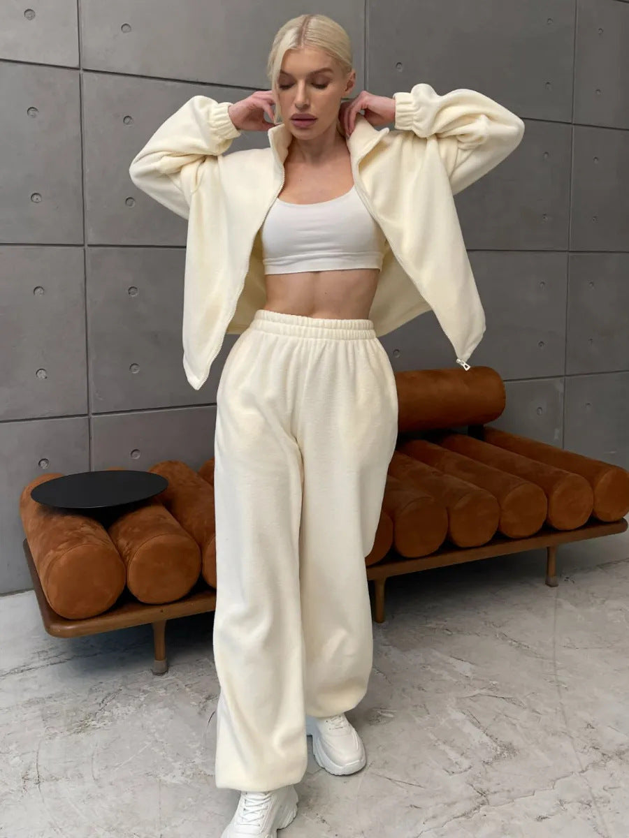 Women Comfortable Fleece Loungewear Set with Short Zip Top and Wide High Waist Pants Mune Fashion