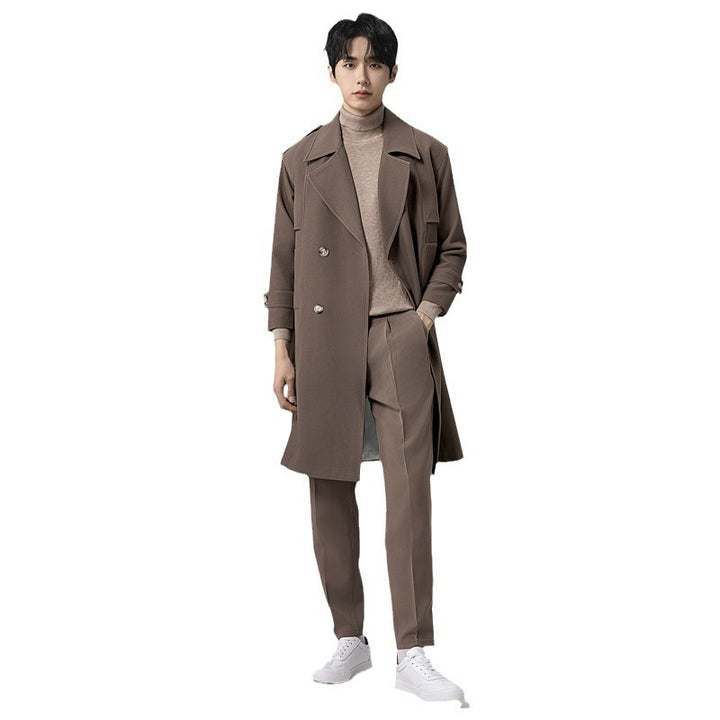 Men's Double-Breasted Trench Coat with Waist Belt and Classic Lapel Mune Fashion