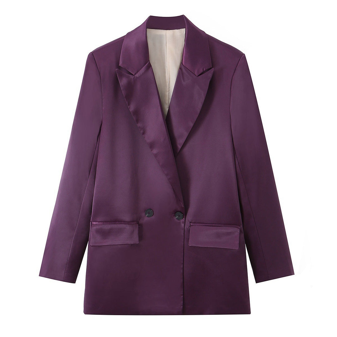 Women's Double-Breasted Satin Blazer with Notched Lapels and Flap Pockets Mune Fashion