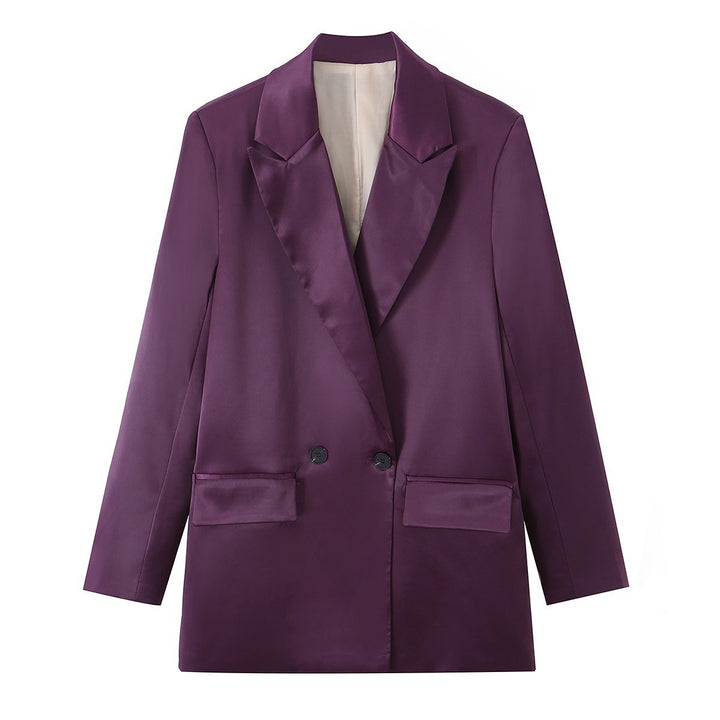 Women's Double-Breasted Satin Blazer with Notched Lapels and Flap Pockets Mune Fashion