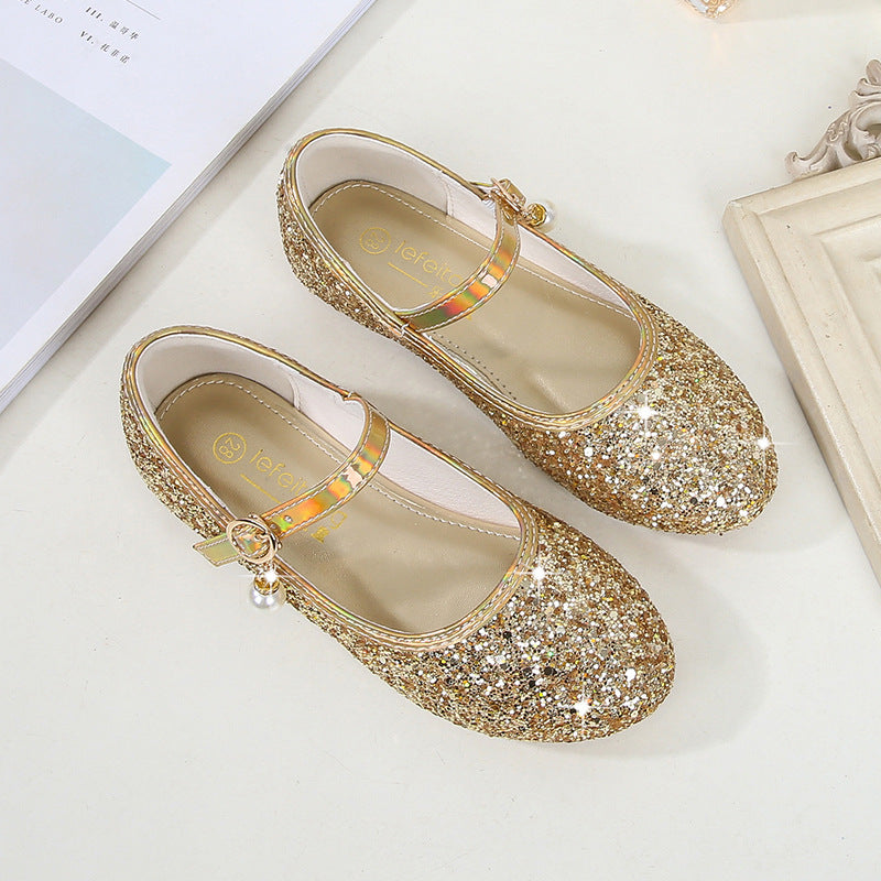 Girl Glittering Mary Jane Ballet Flats with Pearl Application Mune Fashion