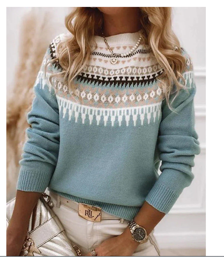 Women's Norwegian sweater made of wool blend with round neck and traditional Fair Isle yoke Mune Fashion