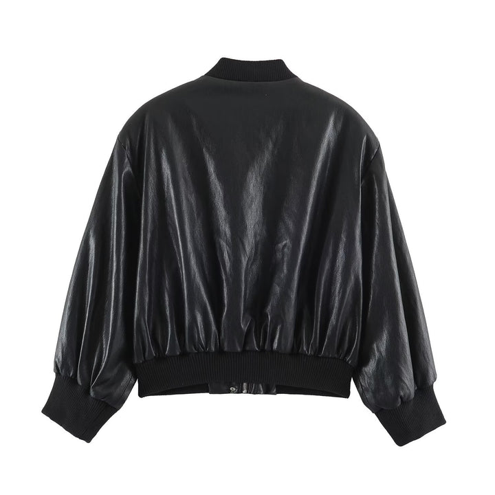 Women Faux Leather Bomber Jacket in Cropped Design with Ribbed Cuffs Mune Fashion