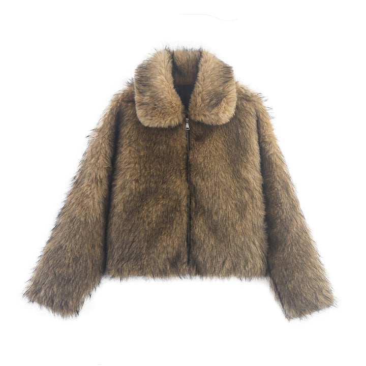 Women Short Faux Fur Bomber Jacket with Voluminous Fur Collar and Zipper Mune Fashion
