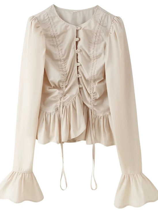 Women's 40+ romantic ruffle blouse with gathers, drawstring and bell sleeves Mune Fashion