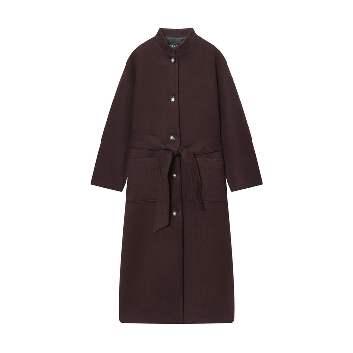 Women's long wool coat with stand-up collar, press button placket, tie belt and patch pockets Mune Fashion