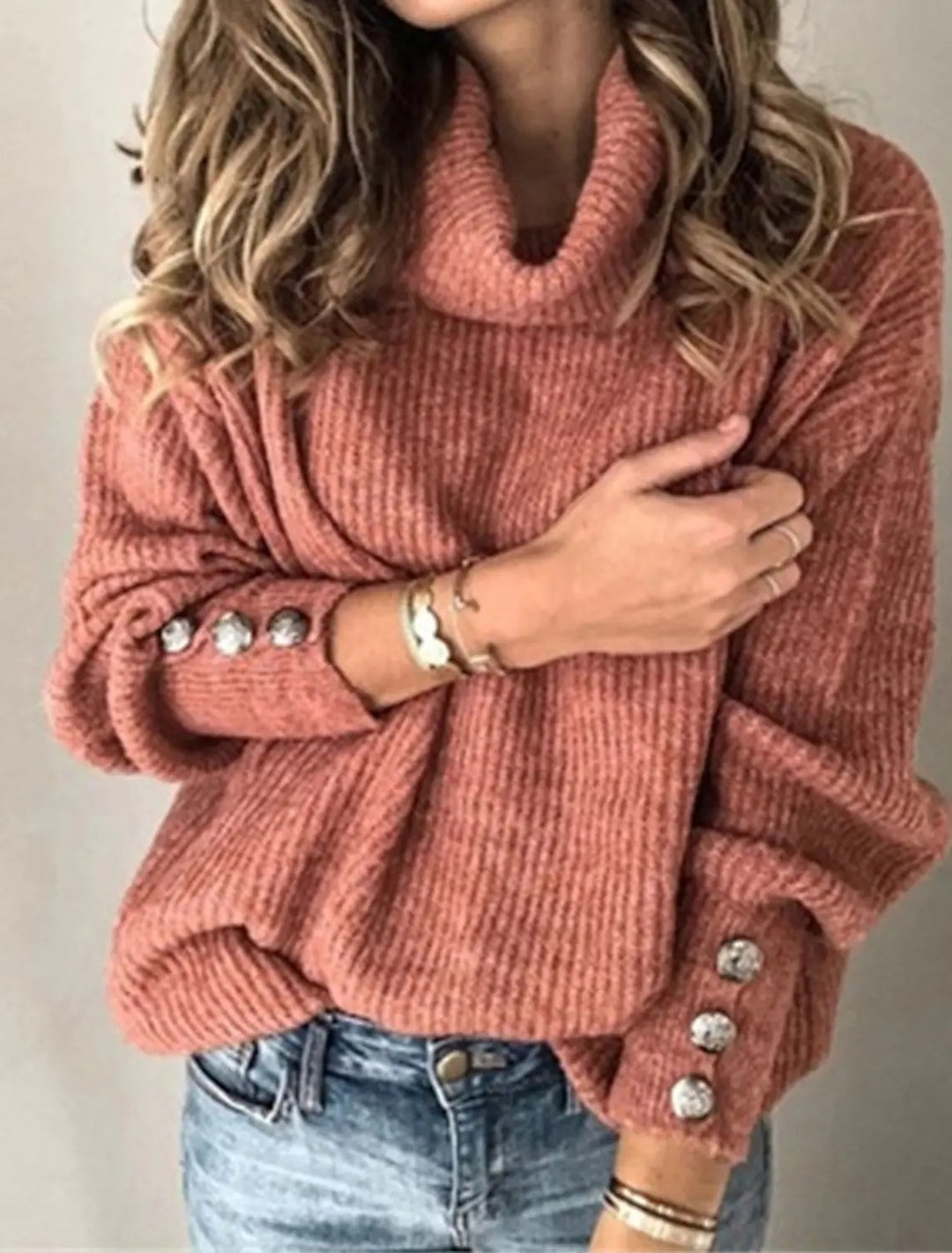 Women Oversize Roll Neck Sweater with Textured Knit and Decorative Buttons Mune Fashion