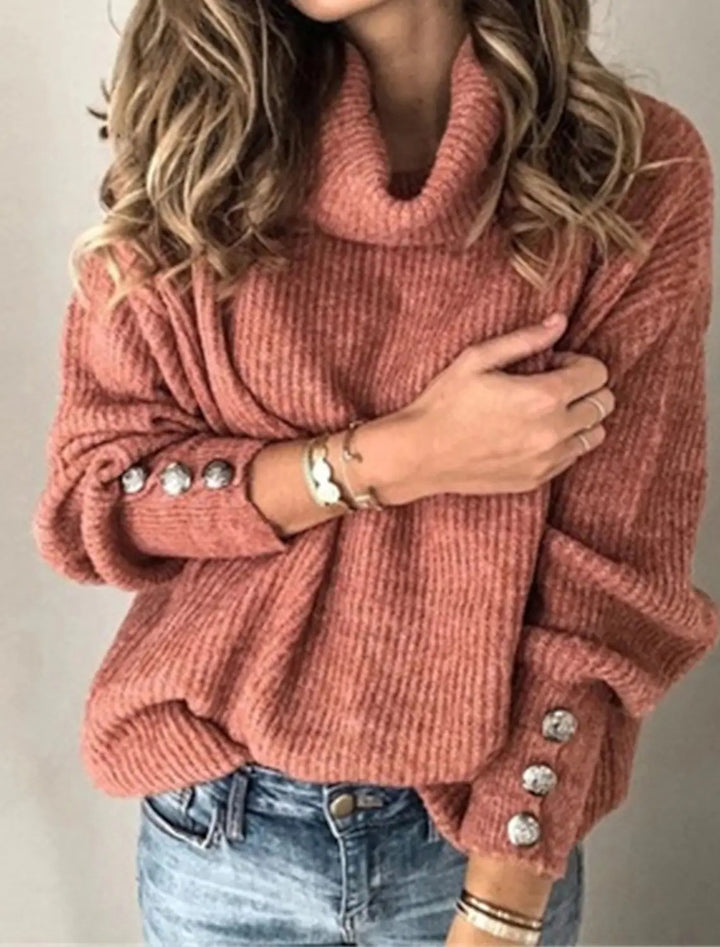 Women Oversize Roll Neck Sweater with Textured Knit and Decorative Buttons Mune Fashion