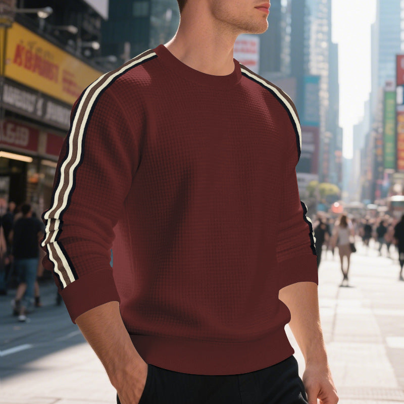 Men's waffle knit sweater with contrasting sleeve stripes and round neckline Mune Fashion