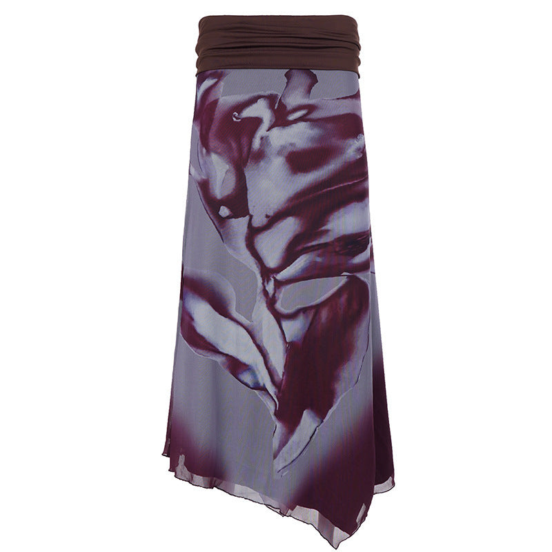 Women Asymmetrical Layered Chiffon Maxi Skirt with Folded Waistband and Watercolor Print Mune Fashion