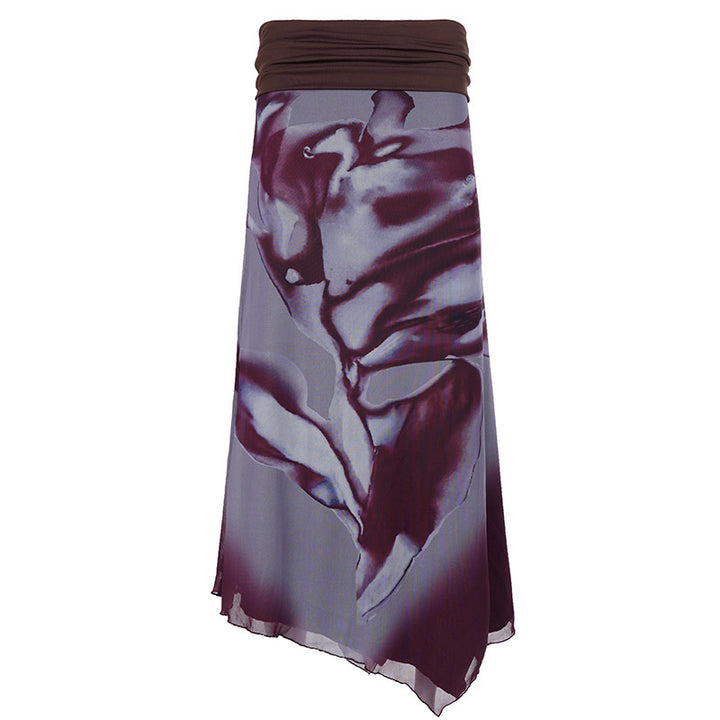 Women Asymmetrical Layered Chiffon Maxi Skirt with Folded Waistband and Watercolor Print Mune Fashion