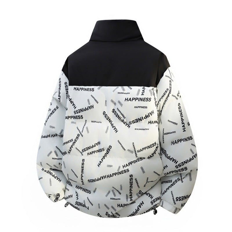 Unisex Oversize Padded Jacket with Allover Print, Stand-up Collar & Drawstring Hem Mune Fashion