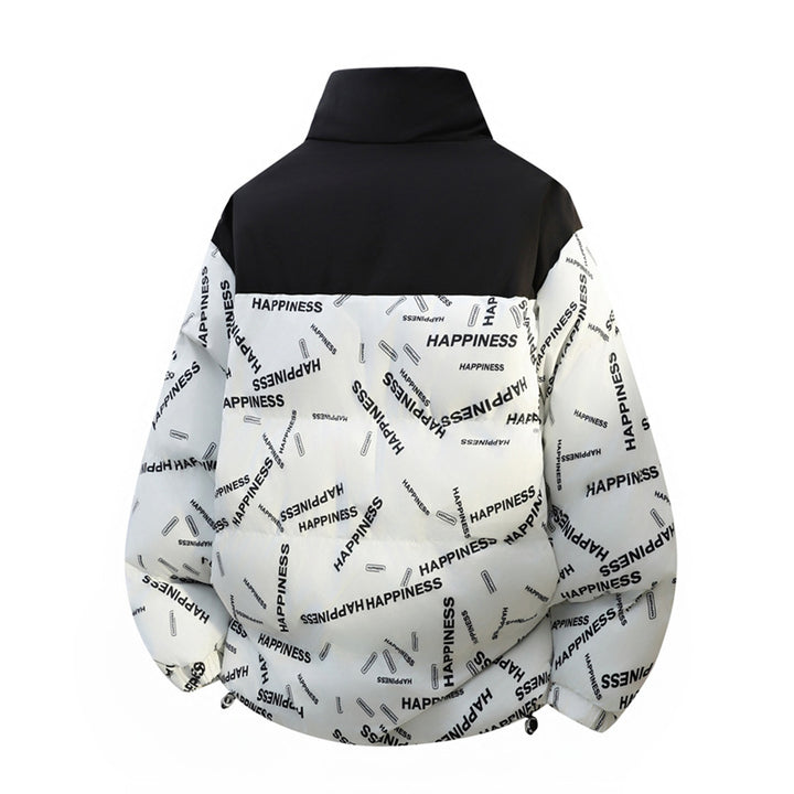 Unisex Oversize Padded Jacket with Allover Print, Stand-up Collar & Drawstring Hem Mune Fashion