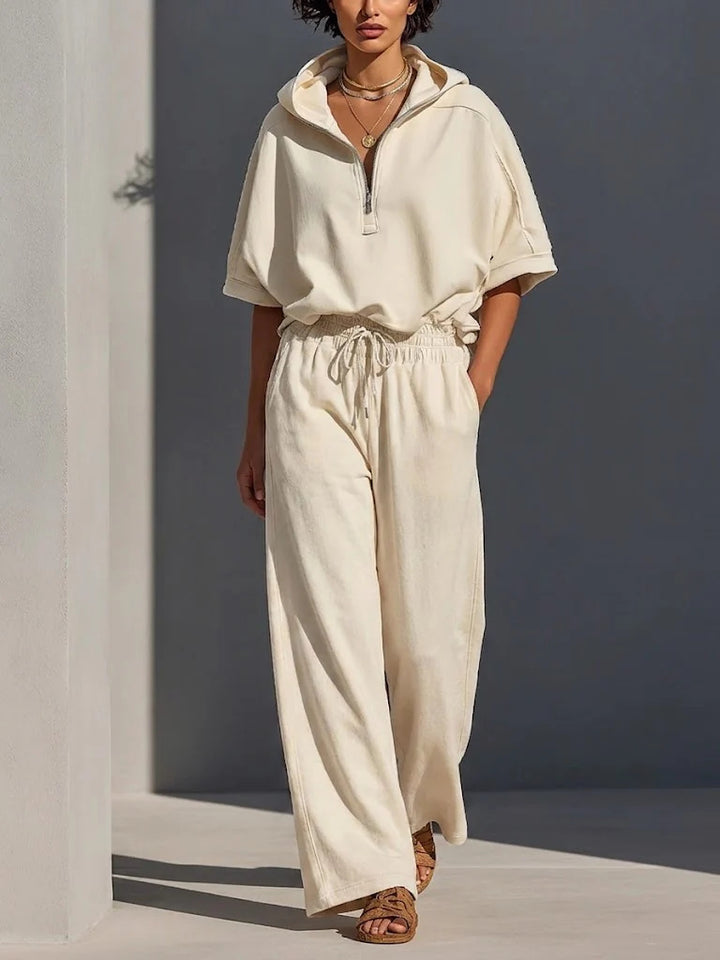 Women's Casual Lounge Set with Half-Zip Hoodie and Wide Palazzo Pants Mune Fashion