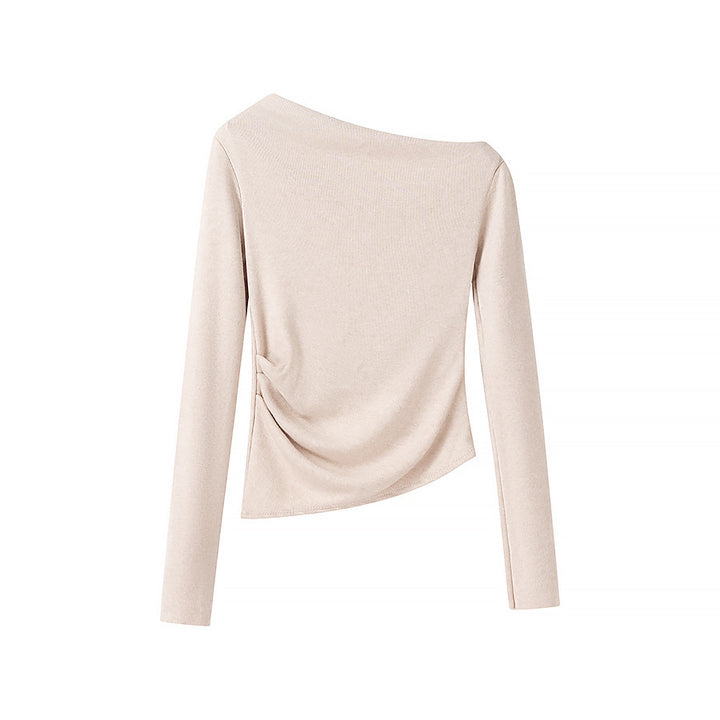 Women's Asymmetrical One-Shoulder Long Sleeve Shirt with Side Gathering Mune Fashion