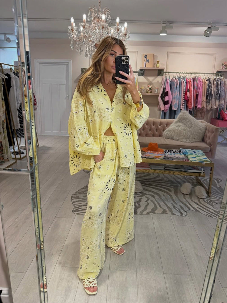 Women's airy lace embroidery beach two-piece set with oversized shirt, chest pocket, and wide palazzo pants Mune Fashion