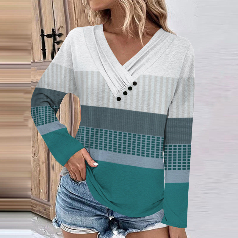 Women's Ribbed V-Neck Sweater with Gradient, Decorative Buttons and Relaxed Fit Mune Fashion