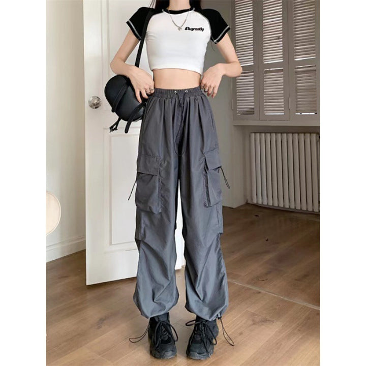 Women's Cargo Pants with High Waist, Elastic Waistband, Large Flap Pockets, and Drawstring Mune Fashion