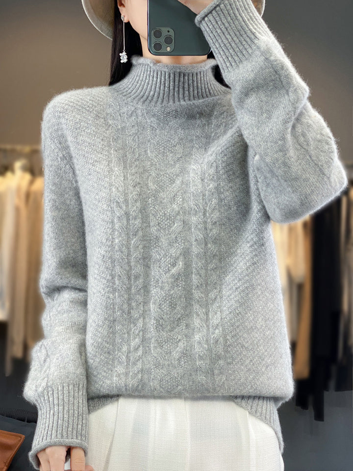Women's Soft Cable Knit Mock Neck Sweater with Cashmere-like Feel and Extended Ribbed Cuffs Mune Fashion