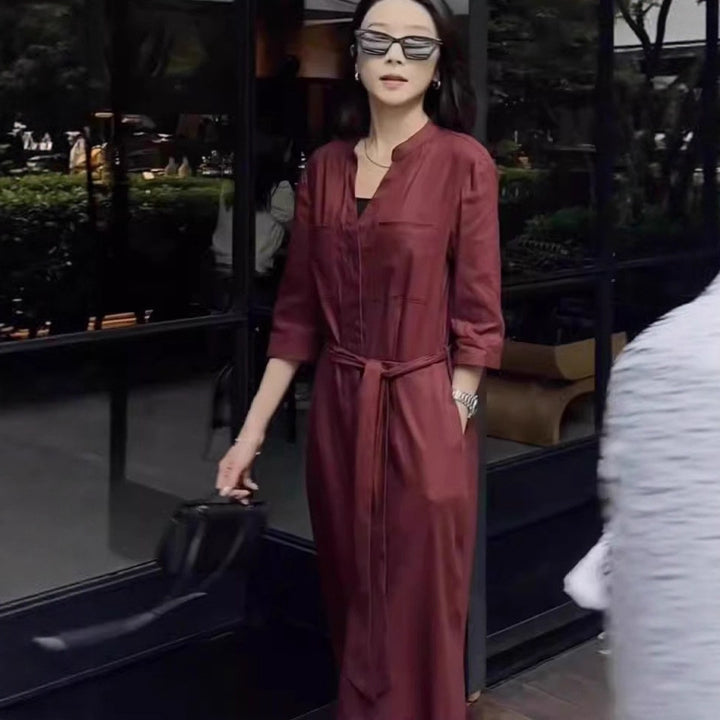 Women's Linen Jumpsuit with Tailored Tie Belt and 3/4 Sleeves Mune Fashion