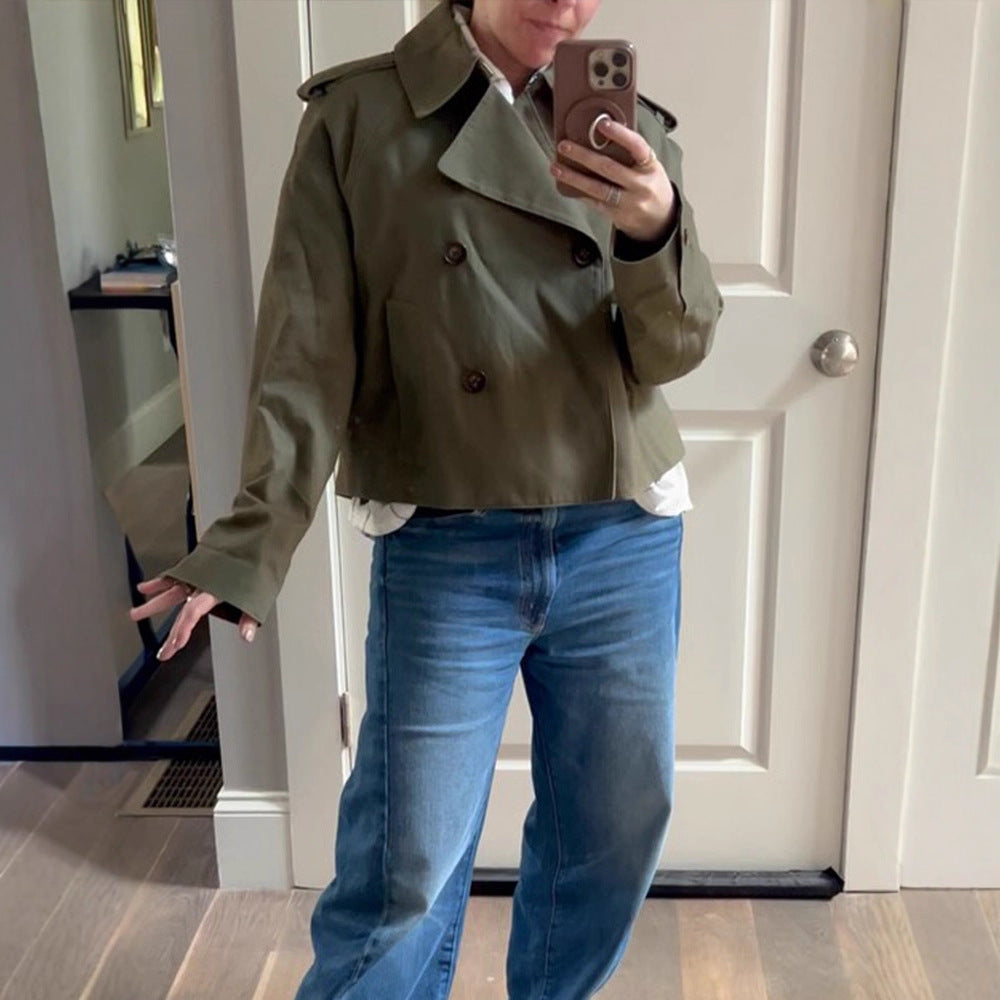 Women's Cropped Double-Breasted Trench Coat with Boxy Silhouette and Patch Pockets Mune Fashion