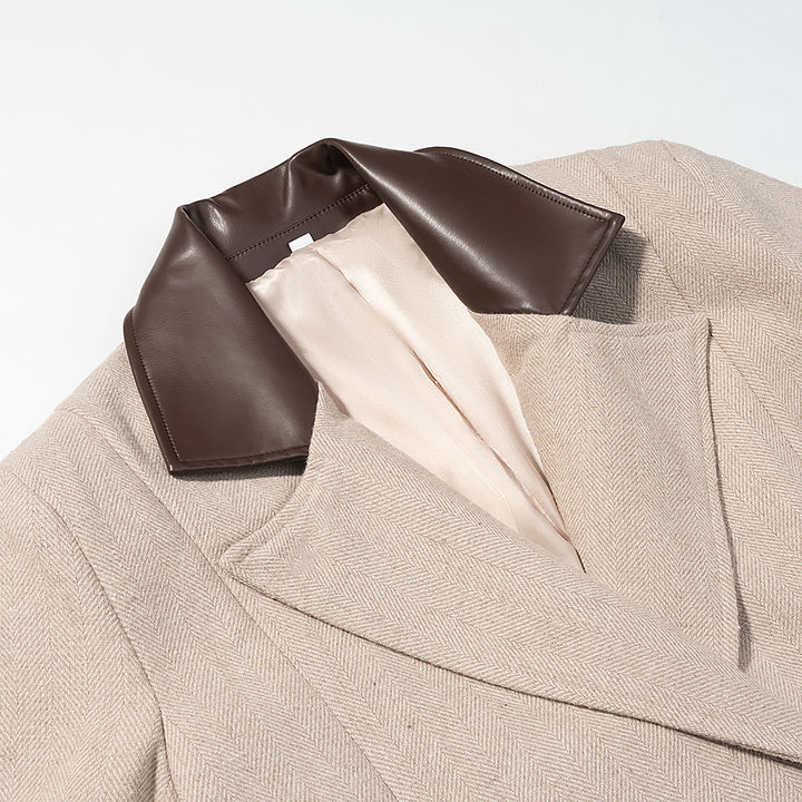 Women Tailored Wool Blend Coat with Herringbone Texture, Contrast Leather Collar and Leather Belt Mune Fashion