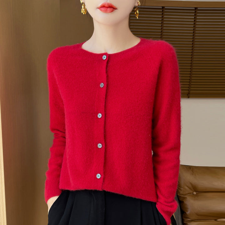 Ladies Cozy Short Cardigan made of Mohair Mix with fine virgin wool texture and mother-of-pearl button placket Mune Fashion