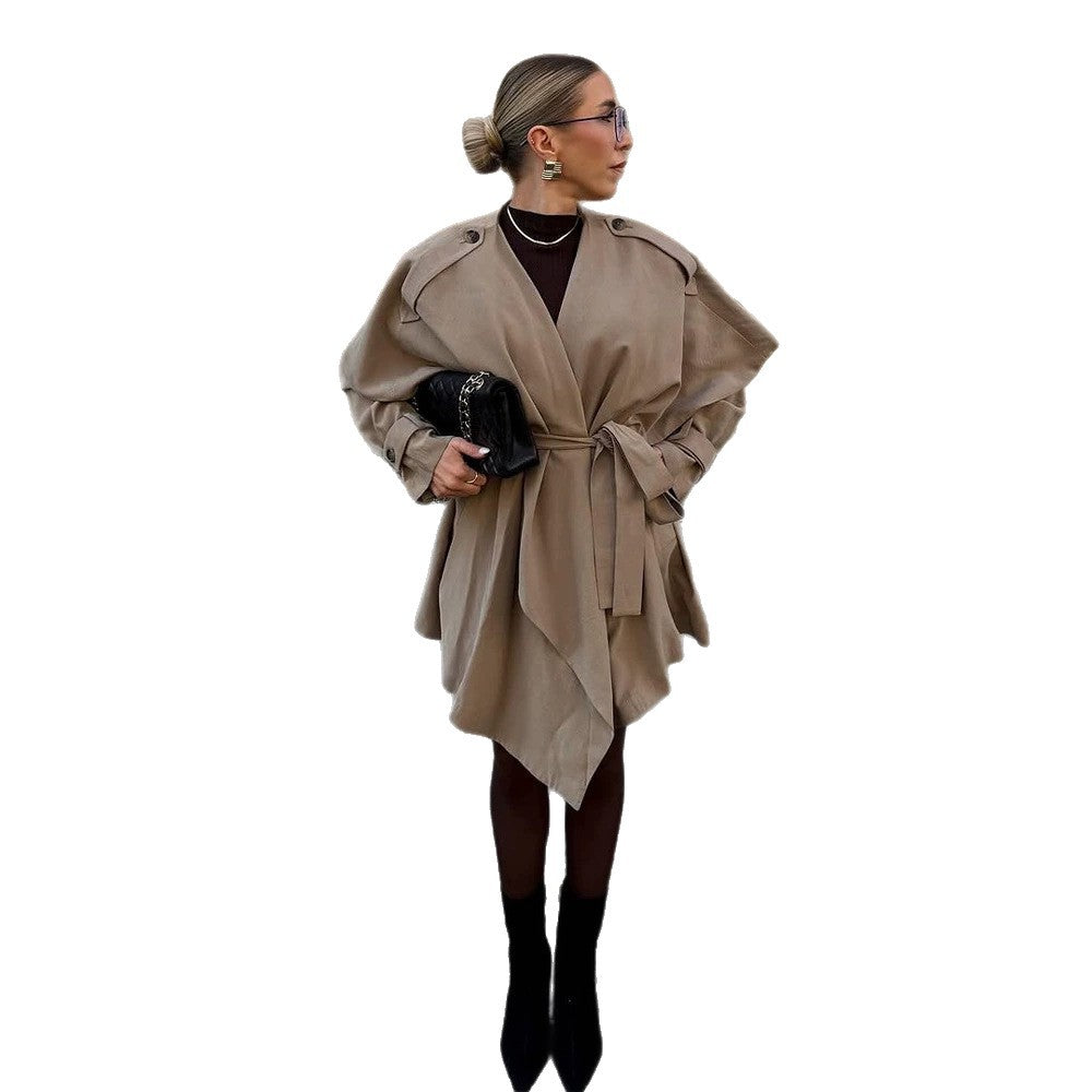 Women's Short Asymmetrical Wrap Coat with Ruffle Overlay and Tie Belt Mune Fashion