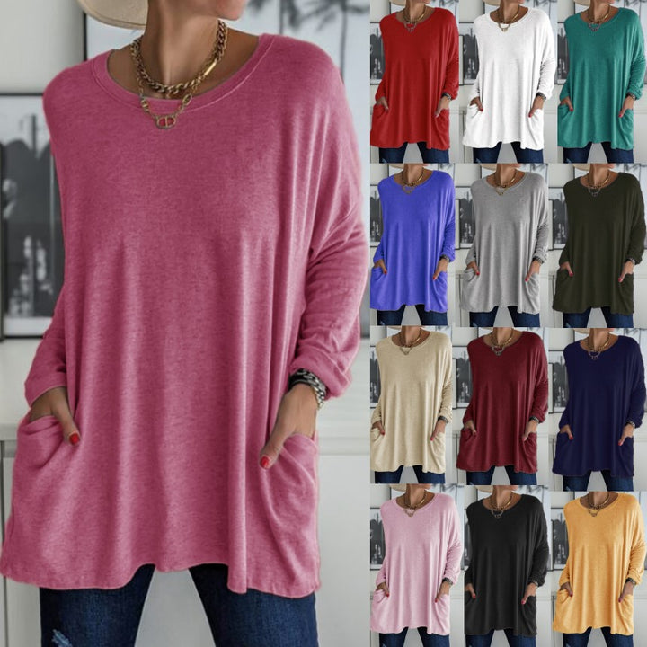 Women's oversized long sleeve tunic with round neckline, drop shoulder and patch pockets Mune Fashion