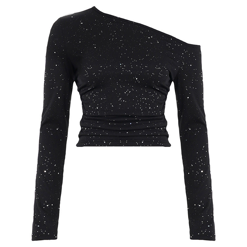 Women's One-Shoulder Cropped Top with Ribbed Texture and Glitter Trim Mune Fashion