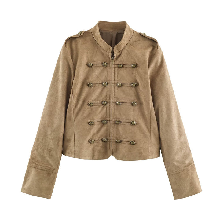 Women's short-cut cavalry jacket made of suede look with decorative button placket and epaulettes Mune Fashion