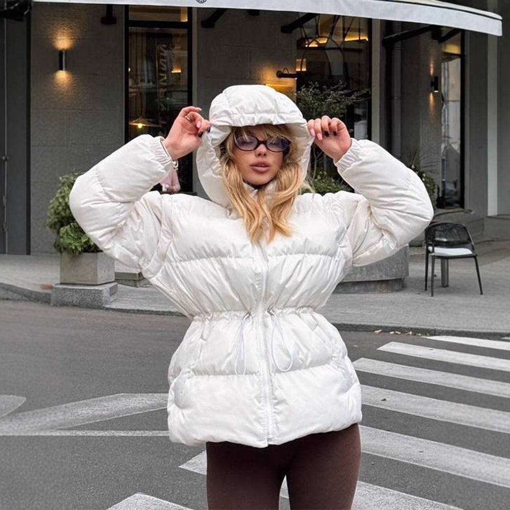 Women's Padded Hooded Quilted Jacket with Drawstring Waist and Boxy Sleeves Mune Fashion