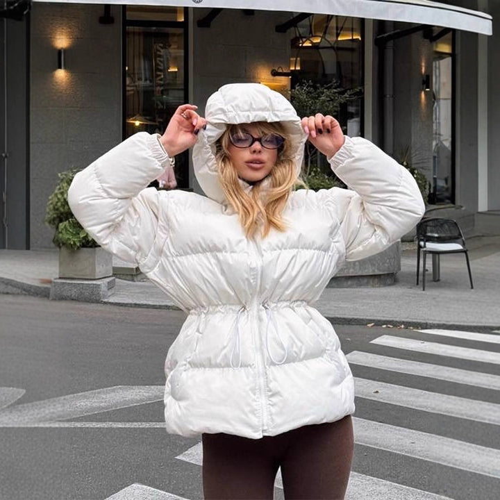 Women's Padded Hooded Quilted Jacket with Drawstring Waist and Boxy Sleeves Mune Fashion