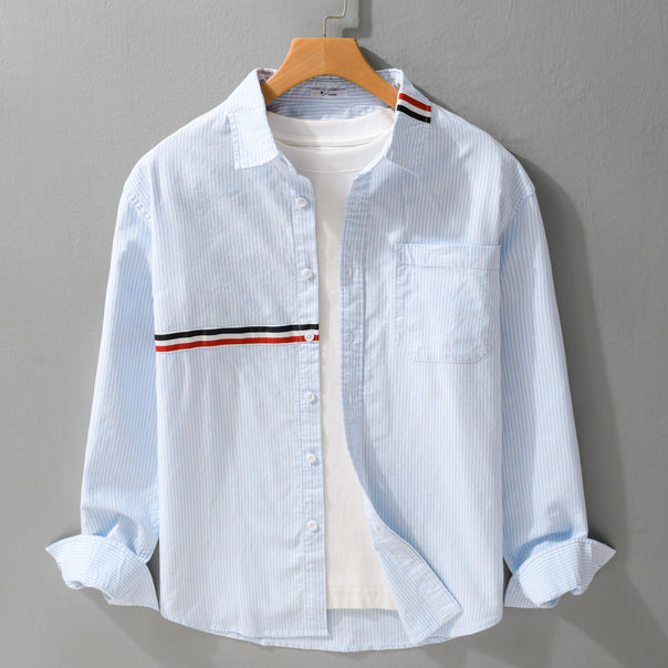 Men Striped Overshirt made of cotton blend with chest pocket and sporty contrast tape Mune Fashion