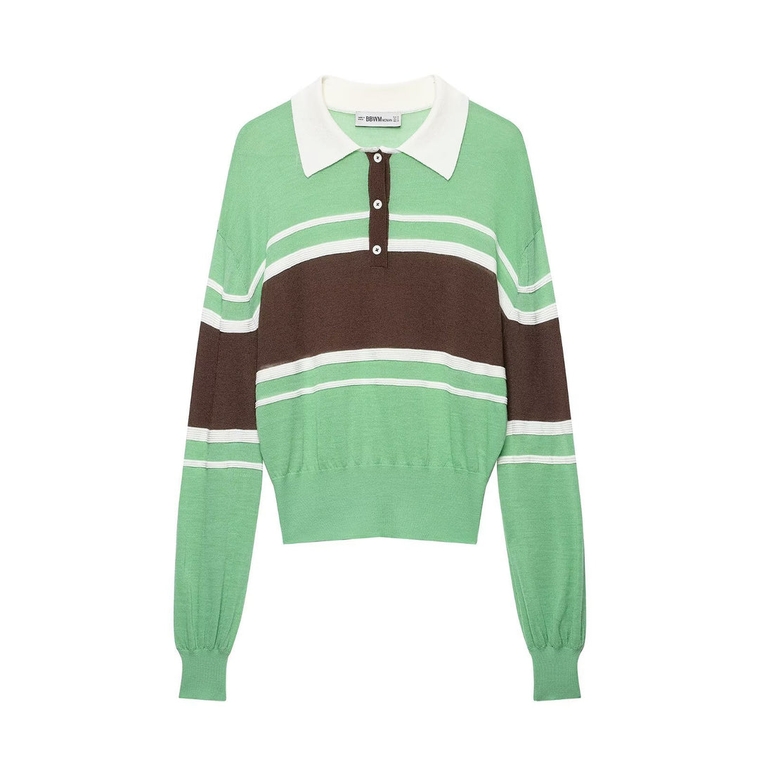 Women Striped Fine Knit Rugby Sweater with Polo Collar and Cropped Hem Mune Fashion