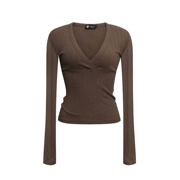 Women's Fitted Ribbed Wrap Top with Deep V-Neck Dress