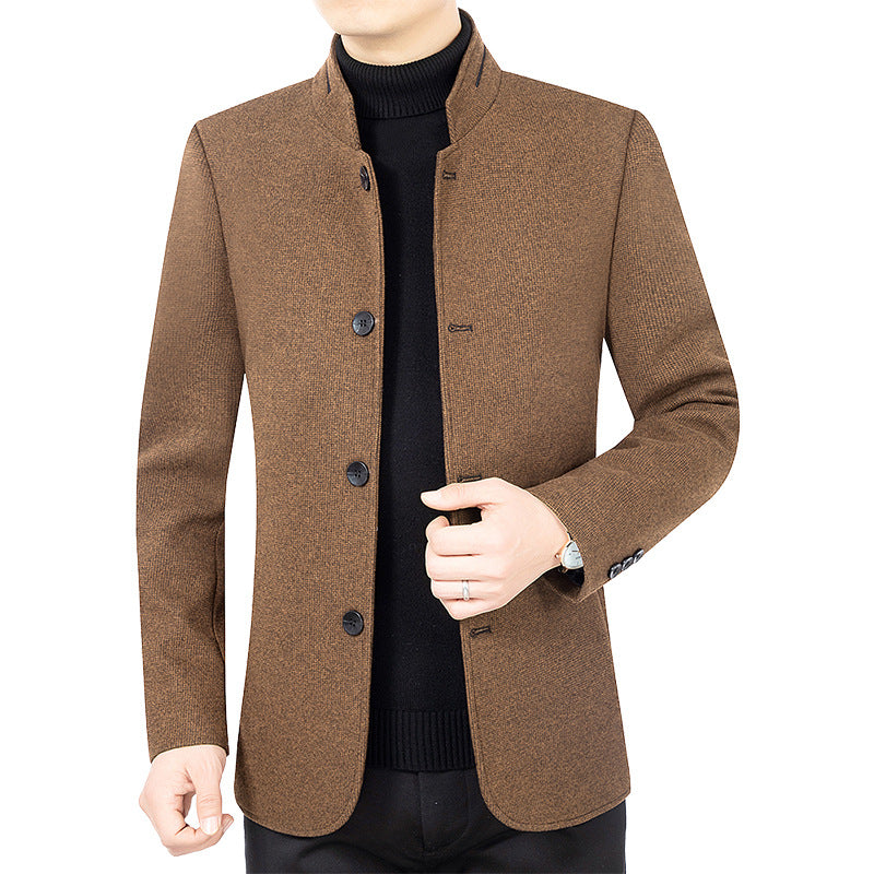 Men's modern tailored coat with stand-up collar and button placket made of wool blend Mune Fashion