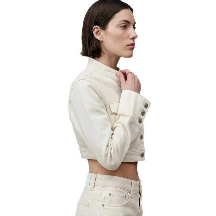 Women Short Cut Cropped Denim Jacket with Stand-up Collar, Chest Pockets and Extended Cuffs Mune Fashion