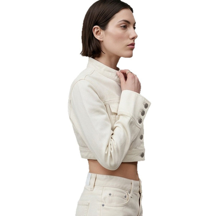 Women Short Cut Cropped Denim Jacket with Stand-up Collar, Chest Pockets and Extended Cuffs Mune Fashion