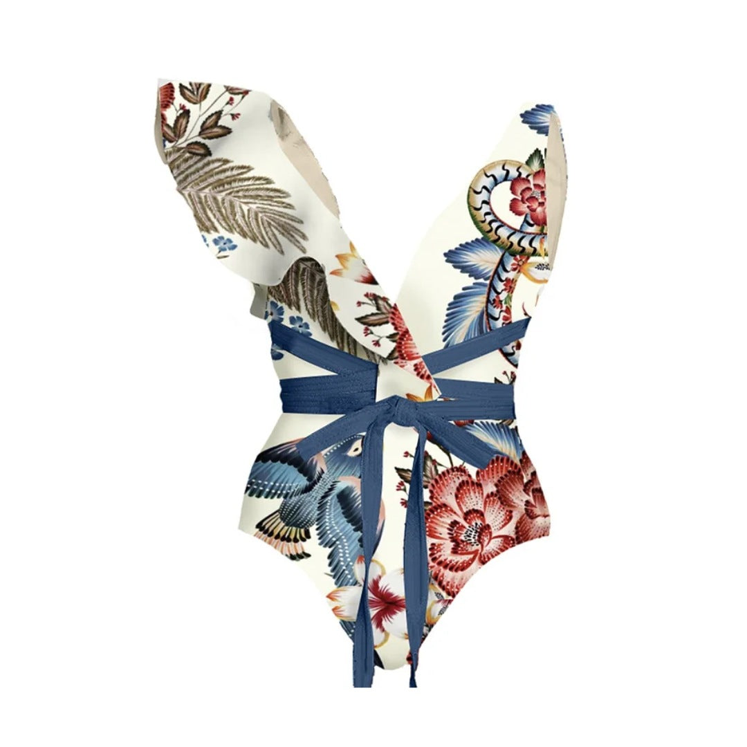 Women's swimsuit set with floral ruffles and tailored shorts Mune Fashion