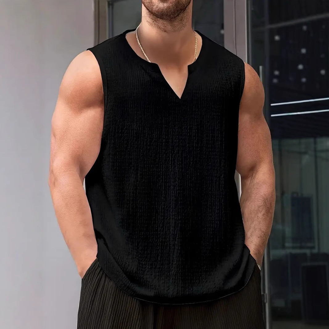 Men's casual crinkle cotton top with notch neckline and rounded hem Mune Fashion