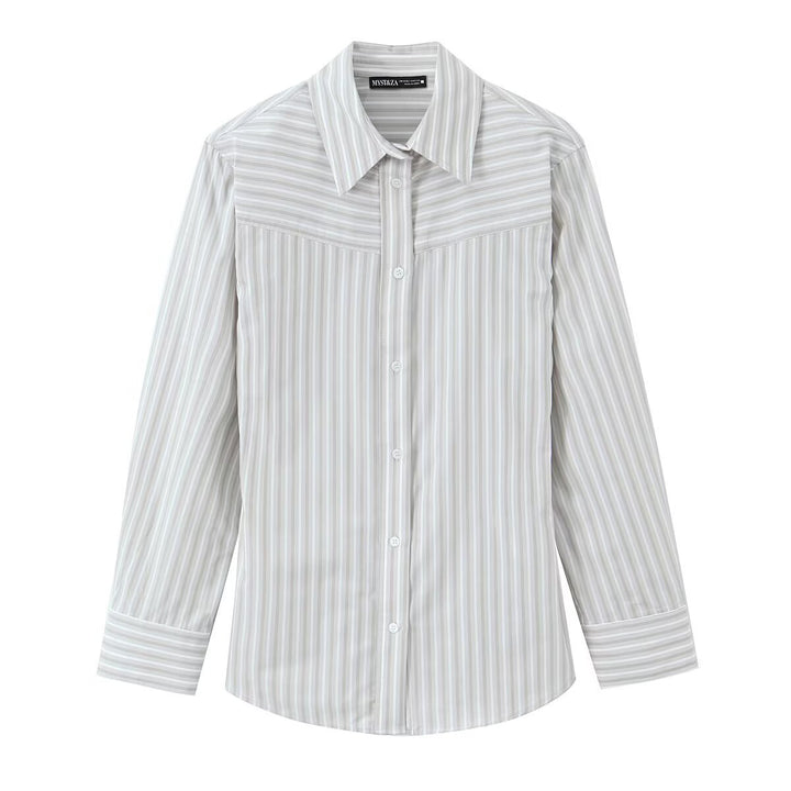 Women Striped Blouse with Western Yoke and Kent Collar Mune Fashion