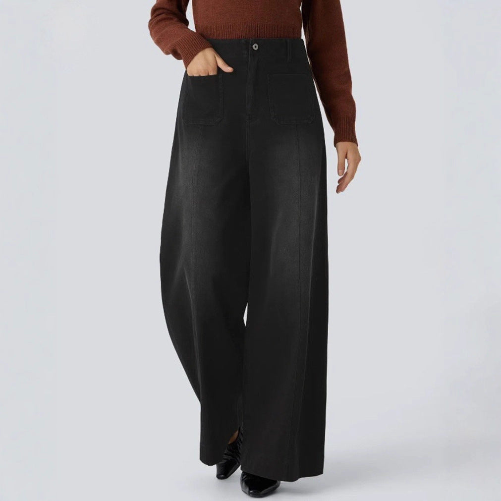 Women's high-waisted wide jeans pants with patch front pockets and vertical decorative seam Mune Fashion