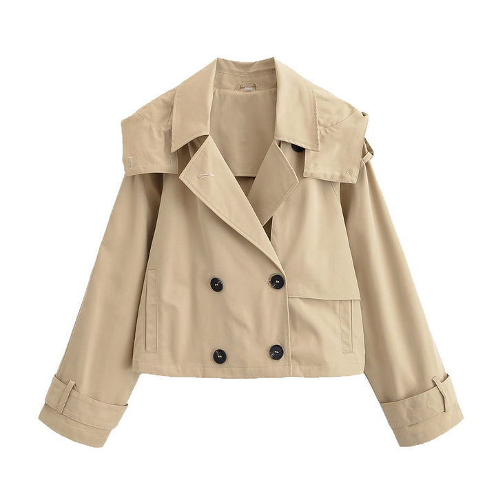 Women short jacket in trench coat style with double-breasted button placket and adjustable cuffs Mune Fashion
