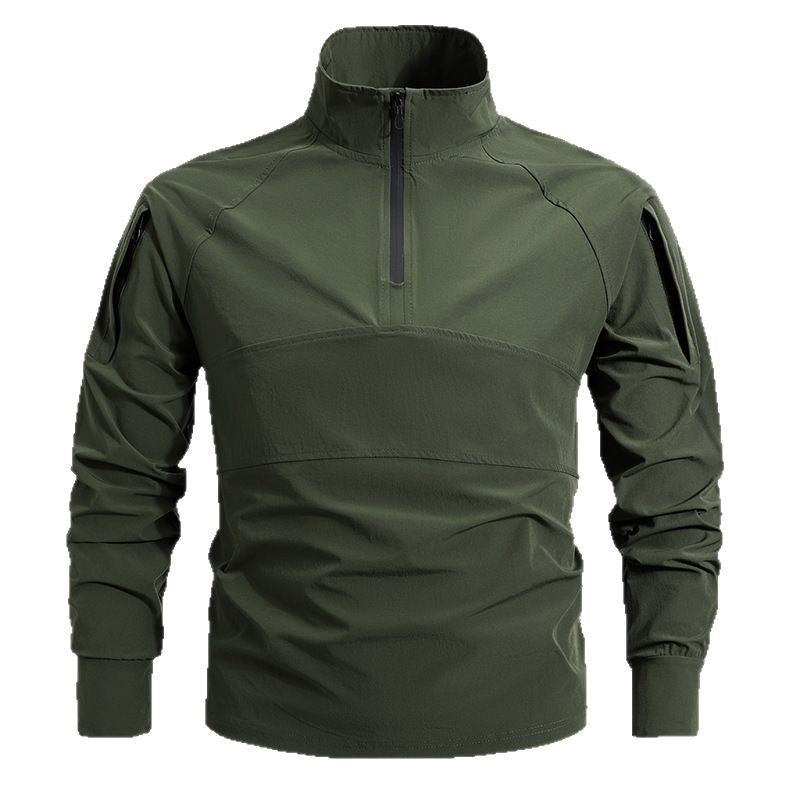 Men's tactical half-zip outdoor pullover with high standing collar, concealed zipper, and arm pockets Mune Fashion