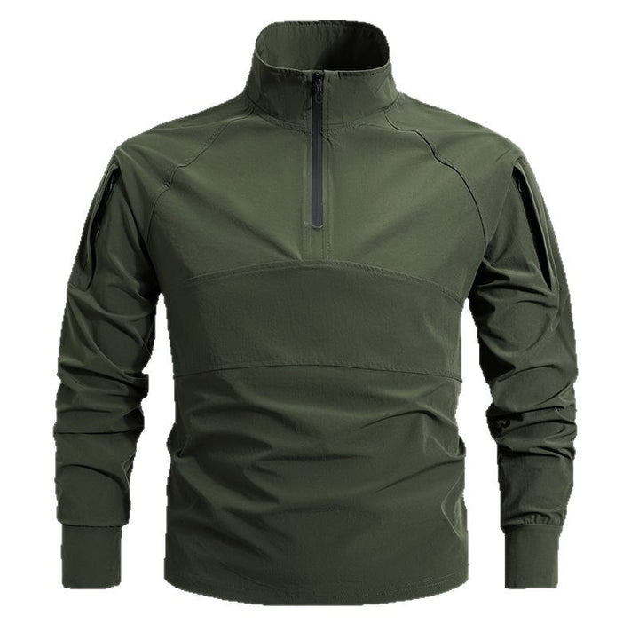 Men's tactical half-zip outdoor pullover with high standing collar, concealed zipper, and arm pockets Mune Fashion