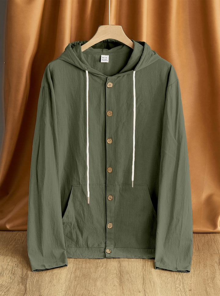 Men's lightweight hoodie jacket with button placket, kangaroo pocket, and drawstring Mune Fashion
