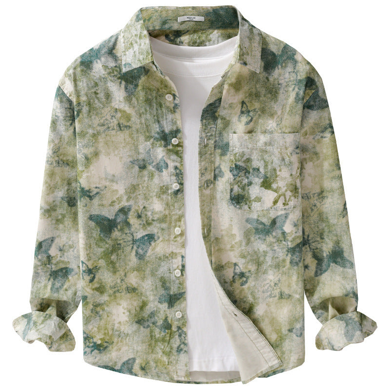 Men's Lightweight Linen Blend Shirt with Watercolor Butterfly Print and Chest Pocket Mune Fashion
