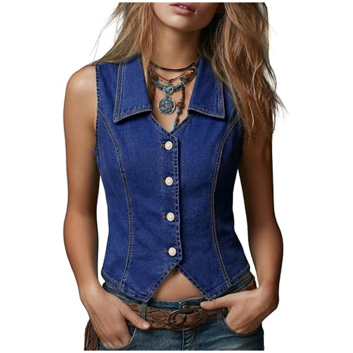Women's Tailored Denim Vest with Pointed Hem and Button Placket Mune Fashion