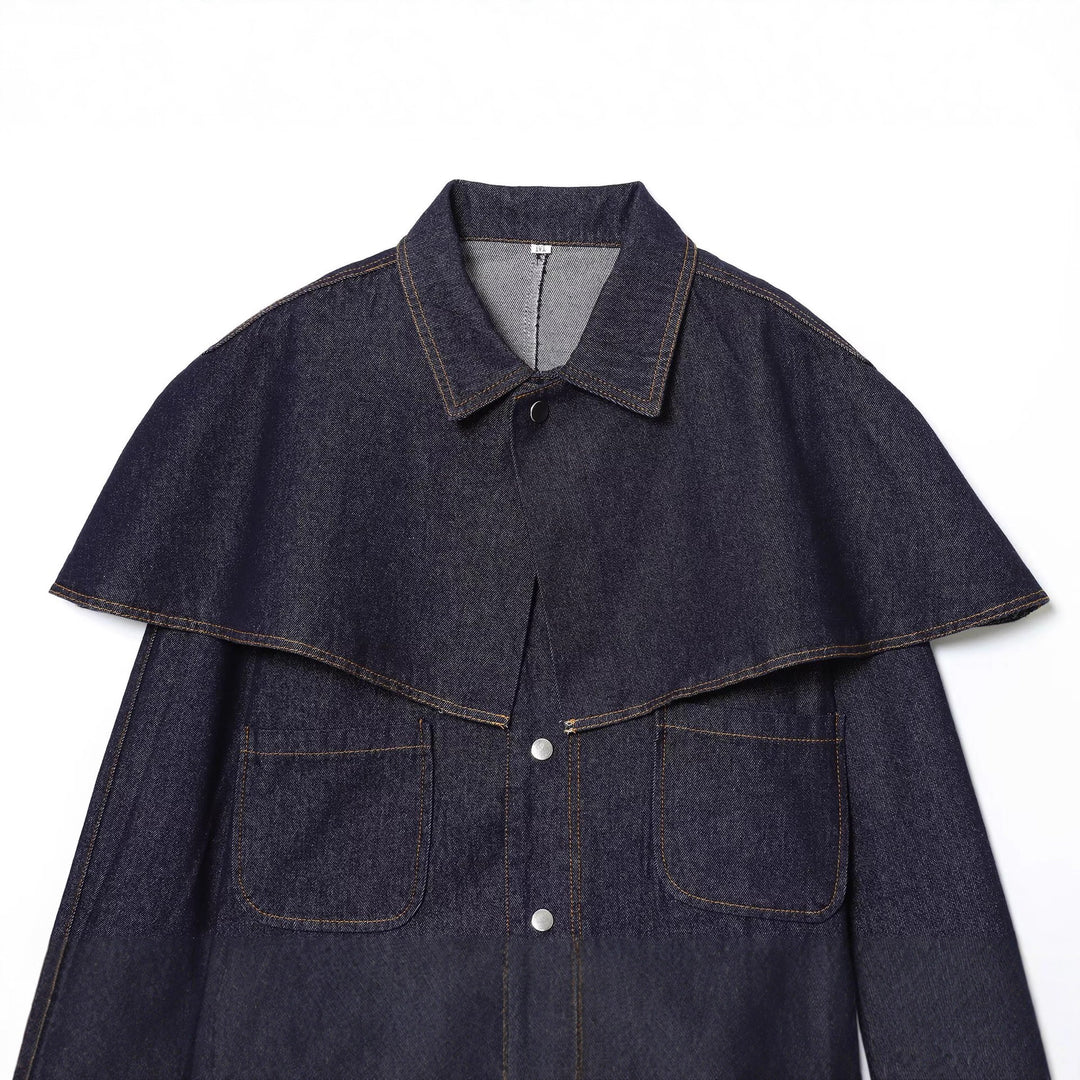 Women's Short Jeans Jacket with Cape Insert, Flap Pockets and Snap Buttons Mune Fashion